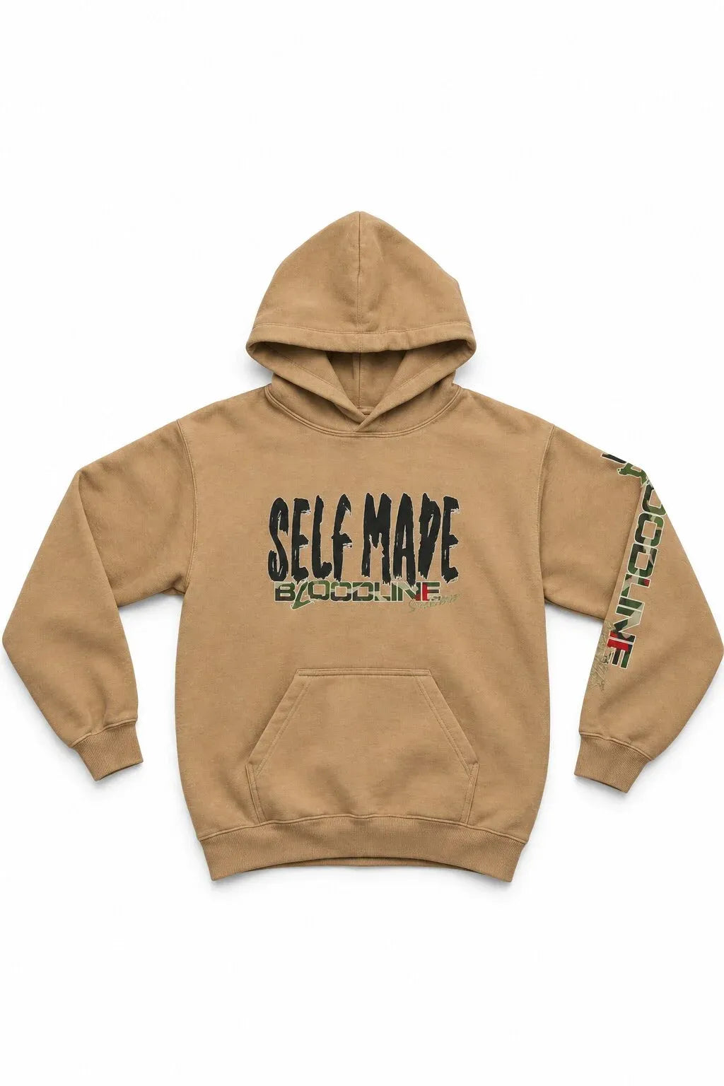 A tan pullover hoodie with 'SELF MADE' printed in black and camouflage on the chest.